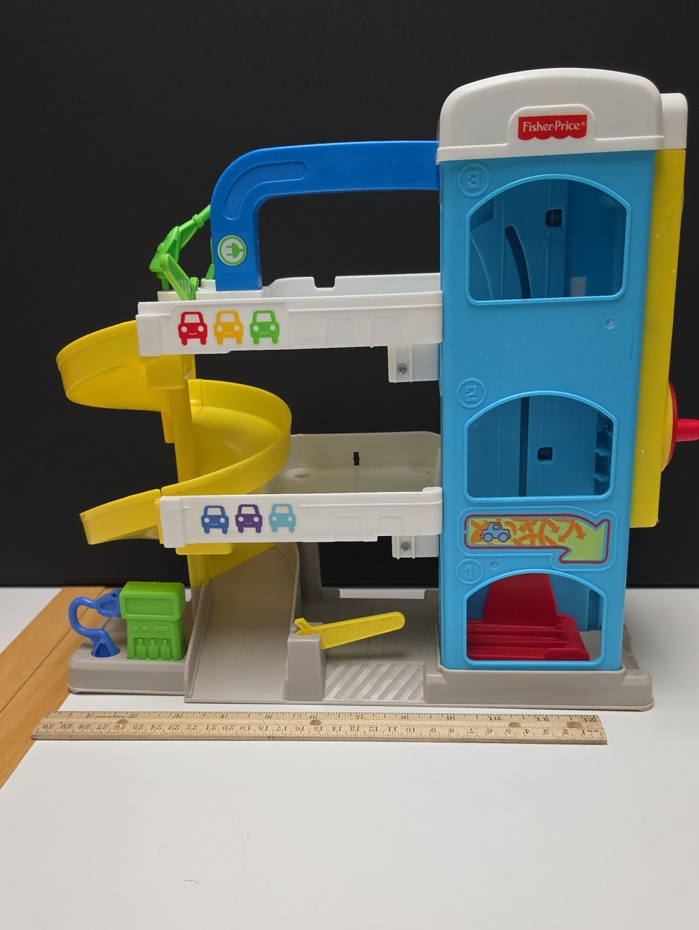 Fisher-Price Blue, Yellow & White Spiral Car Garage Playset